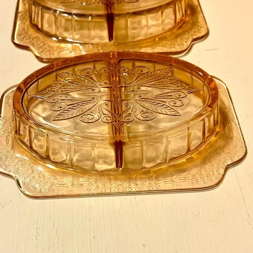 Jeanette Depression Glass Pink Adam Floral Etched Molded 1930’s Relish Dishes
